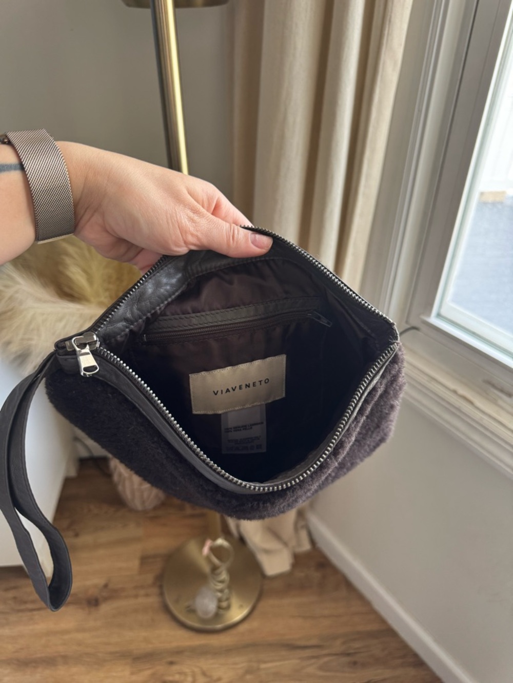 VIAVENETO Delilah Curly Lambskin Shearling Large Pouch / Wristlet - Black - Picture 6 of 8